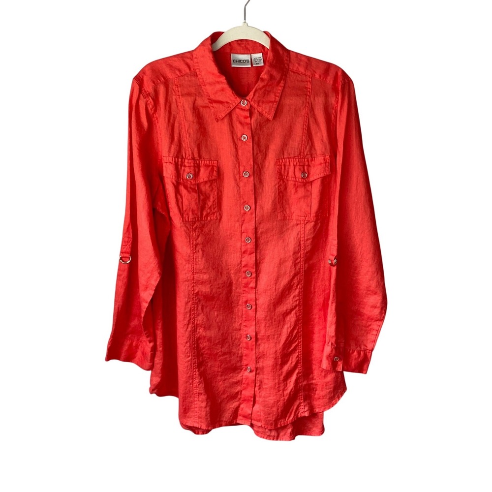 Chicos Coral Orange Red Linen Roll Tab Sleeve Button Down Tunic Shirt Size 3 XL